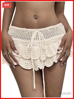 Tiered Ruffle Boho Mini Skirt Beach Coverup Knit Hollow Out